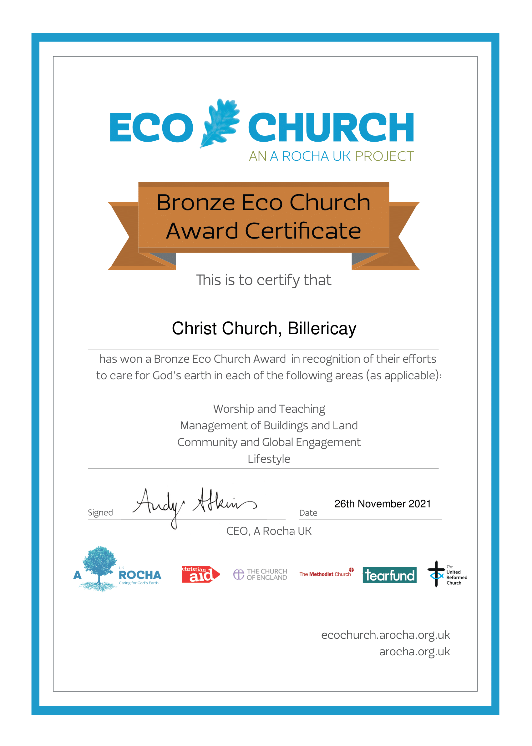Christ Church, Billericay - Eco Church Award Certificate Bronze